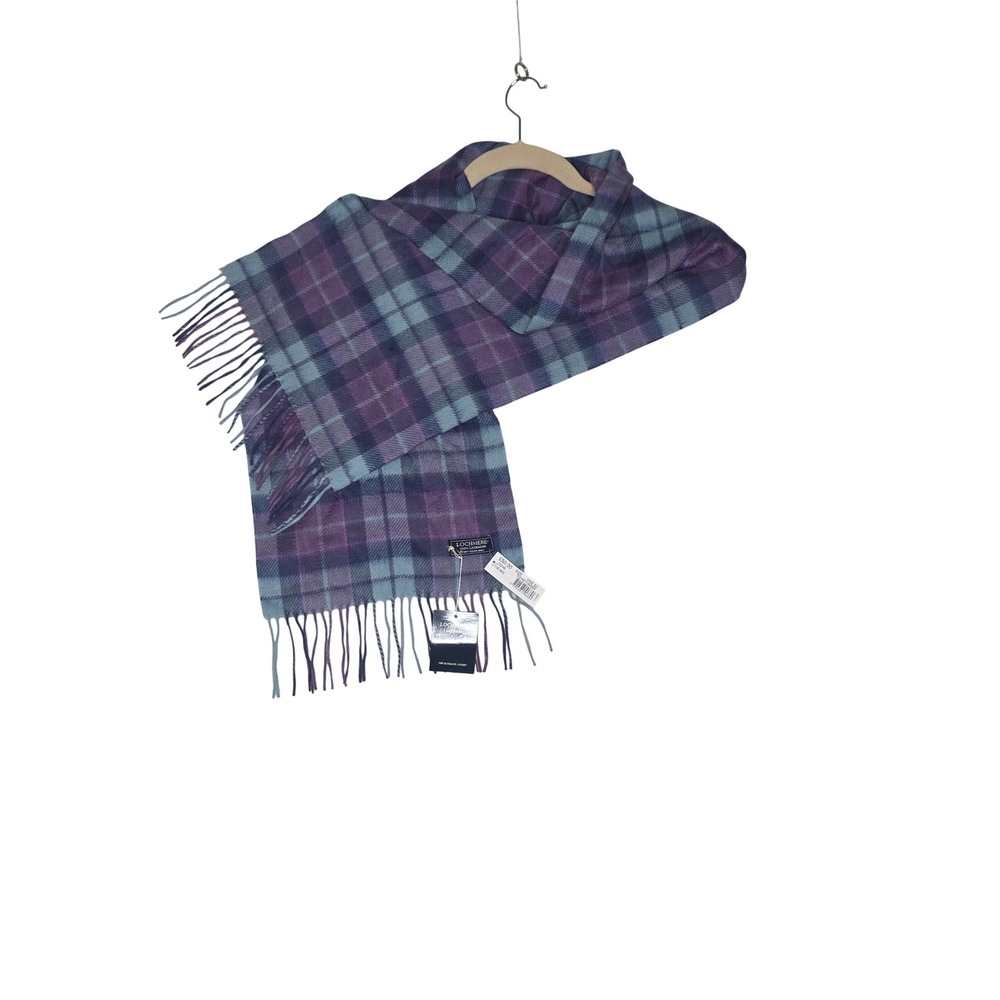 Lochmere 100% Cashmere Plaid Tassel Scarf Purple Blue Teal NWT Soft Warm Fall